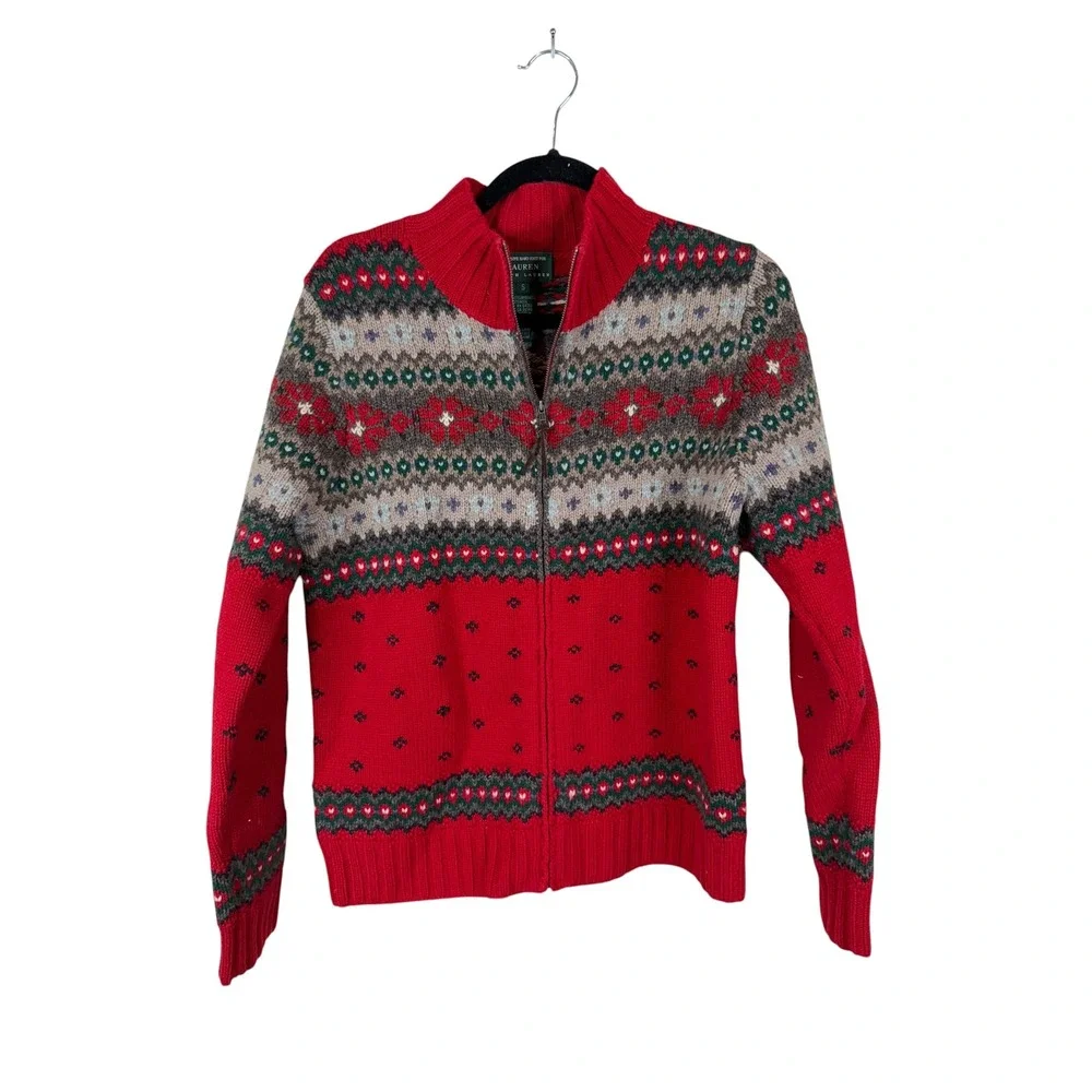 Lauren Ralph Lauren‎ Hand Knit Lambswool Fair Isle Full Zip Sweater Red Small